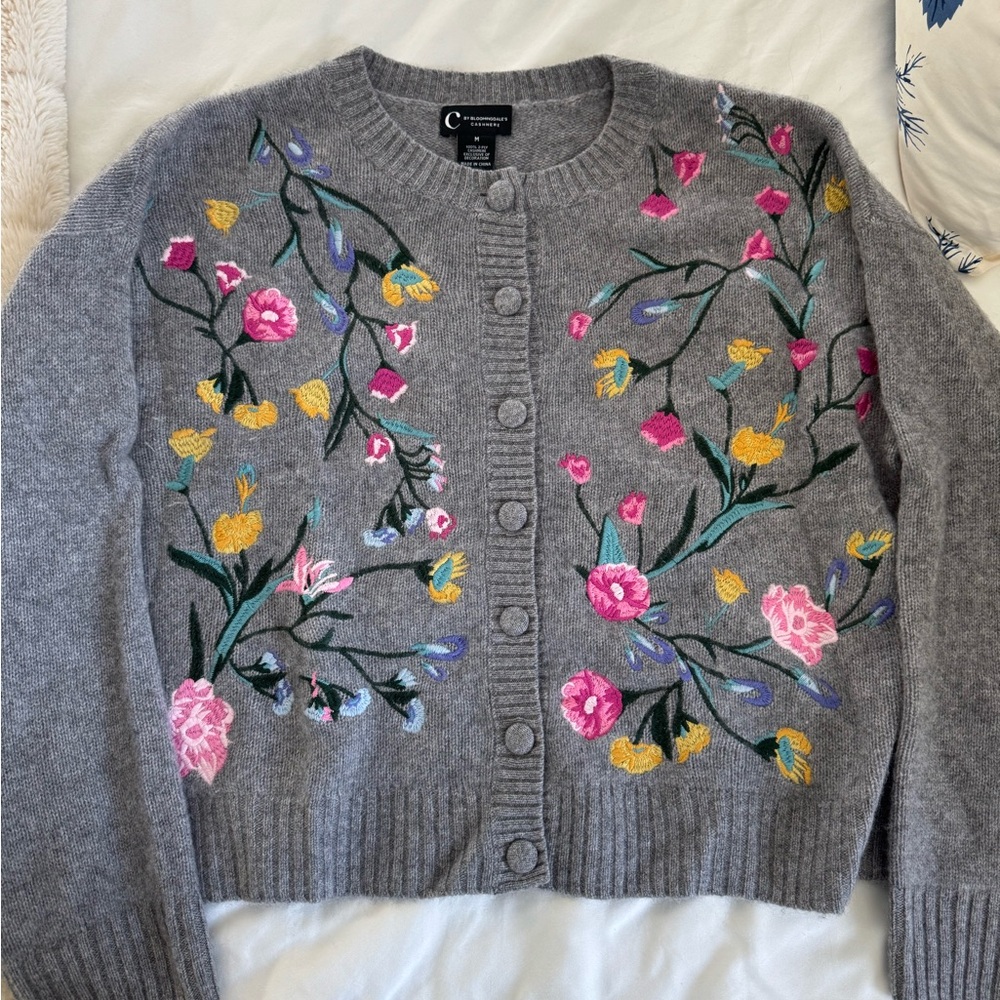 Bloomingdale's Gray Floral Embroidered Cardigan